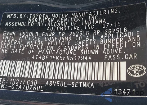 2015 Toyota Camry Le z USA, uszkodzony, nr VIN 4T4BF1FK5FR512944